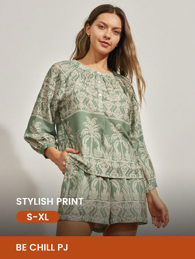 Lyocell Tencel Rayon Short Tropical Print Casual Lounge Long-Sleeve Short Panty  Pajama Set