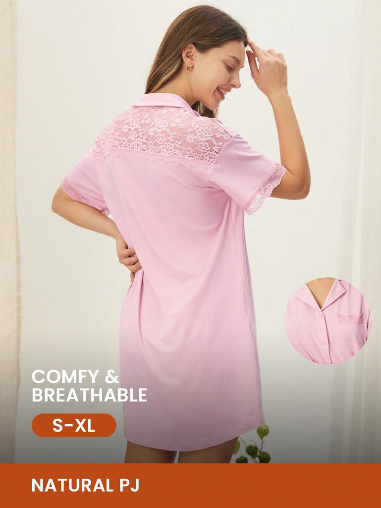 Cotton Lace Inset Button-Up Nightdress