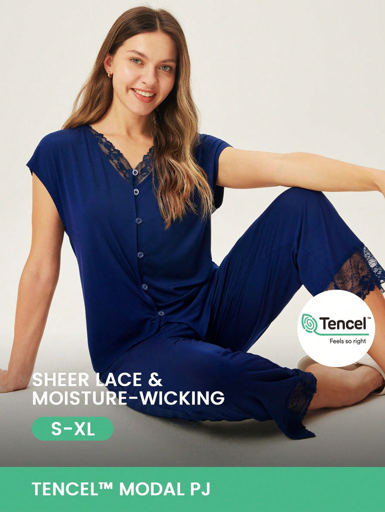 Super Soft TENCEL™  Modal Lace Inset Button Up Short Pajama Set
