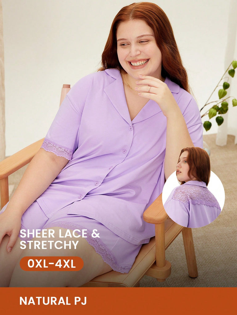 Plus Cotton And Lace Inset Button-Up Short Pajama Set