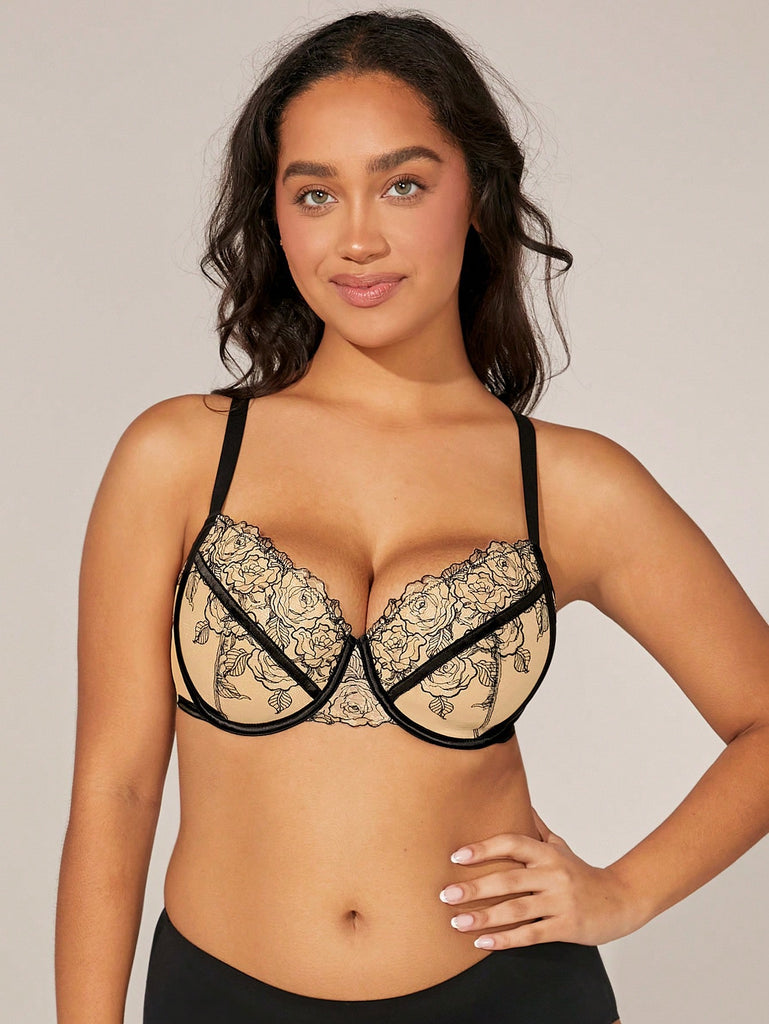 Lightly Lined Balconette Floral Embroidery Bra