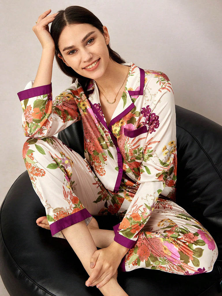 Chinese Style Flora Print Satin Long Pajama Sets
