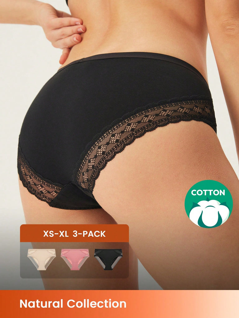 Plus 3-Pack Lace Cotton Mid Waist Briefs Women Underwear Panty Set