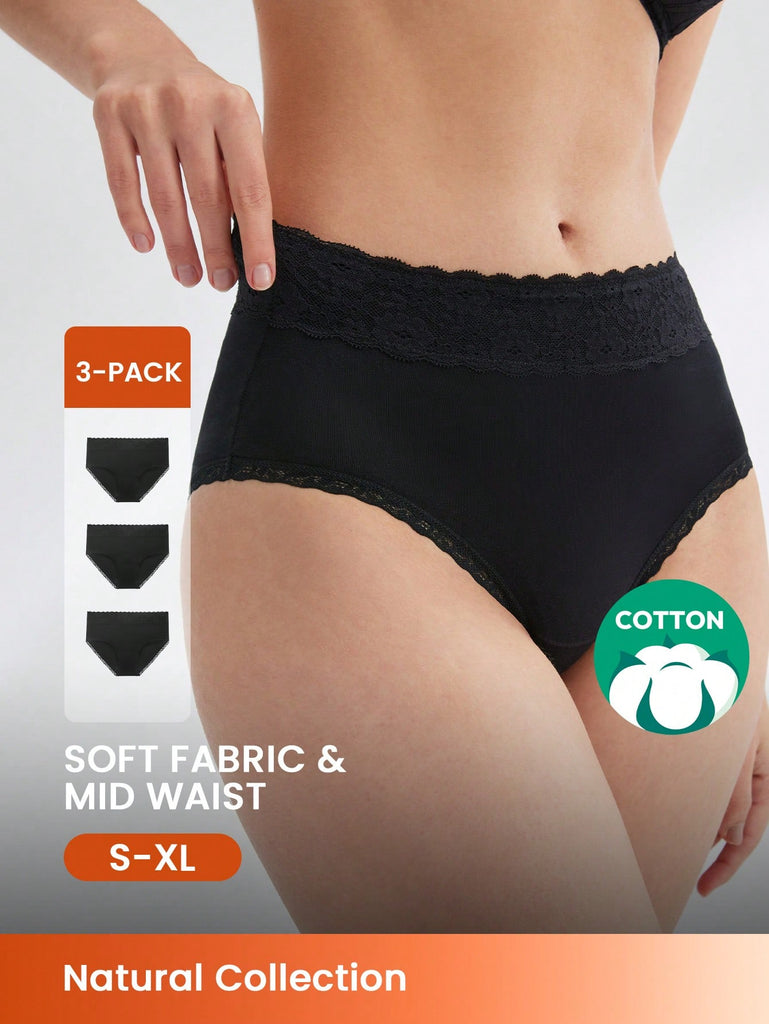 3-Pack Mid Waist Cotton Briefs Lace Trim Women's Black Underwear