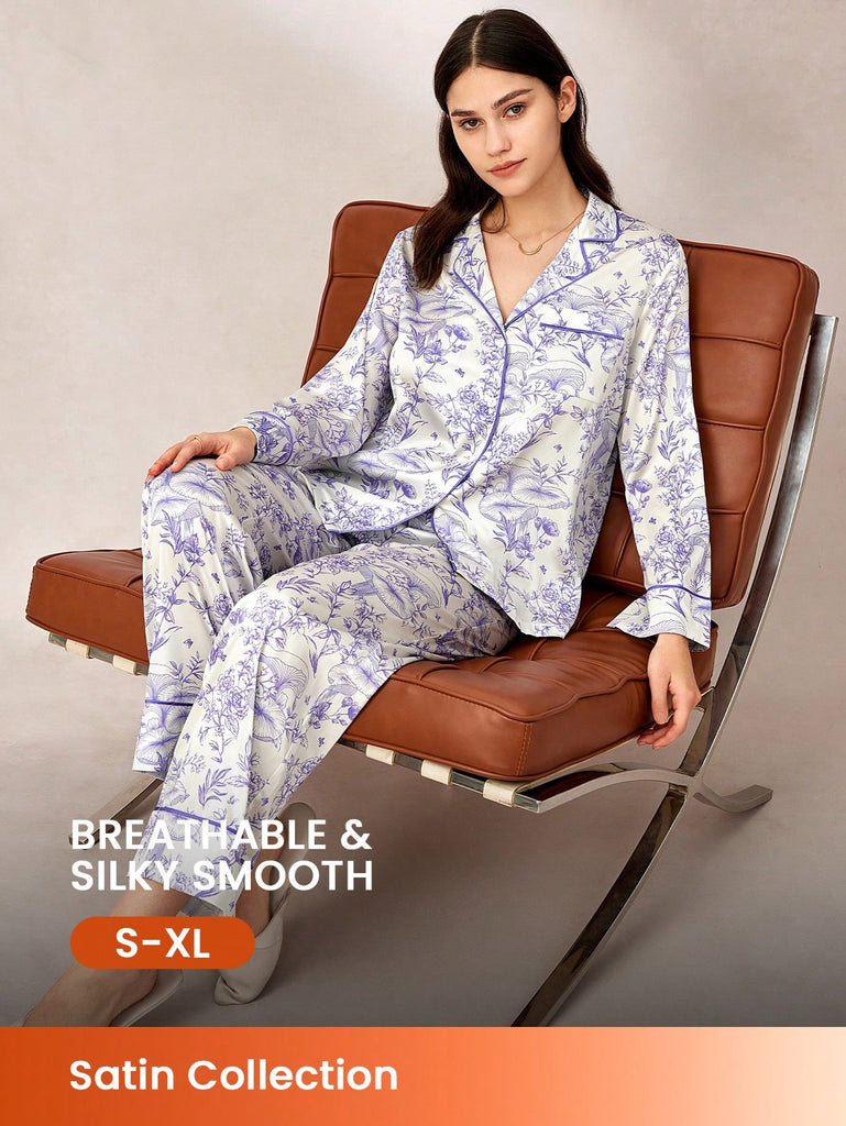 Floral Pattern Satin Long Women Pajama Sets