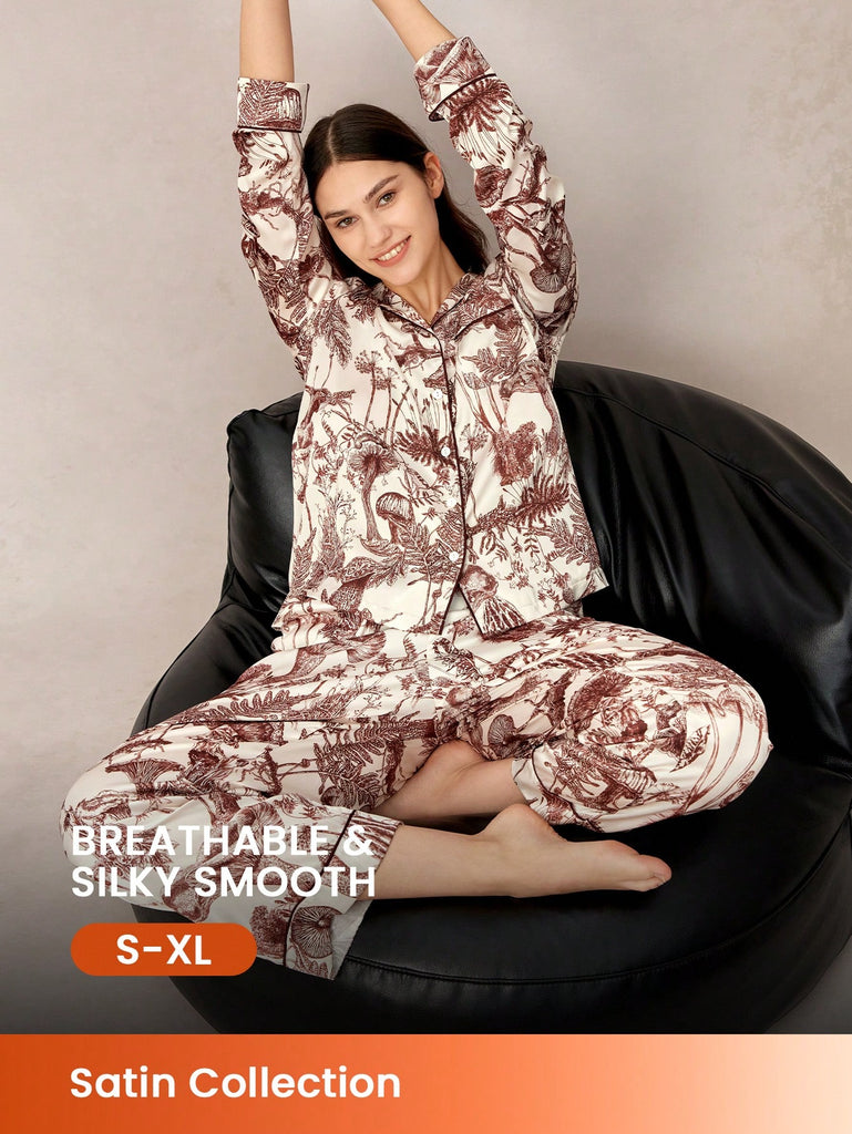 Retro Floral Satin Long Women Pajama Sets