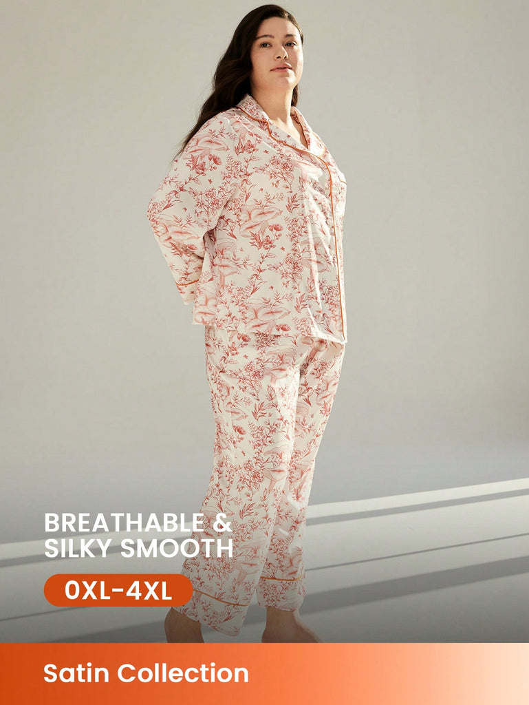Plus Floral Satin Long Women Pajama Set