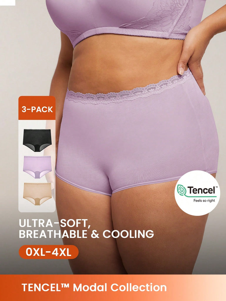 Plus 3-Pack Modal  High Waist Boyshorts Lace Trim Women's Underwear