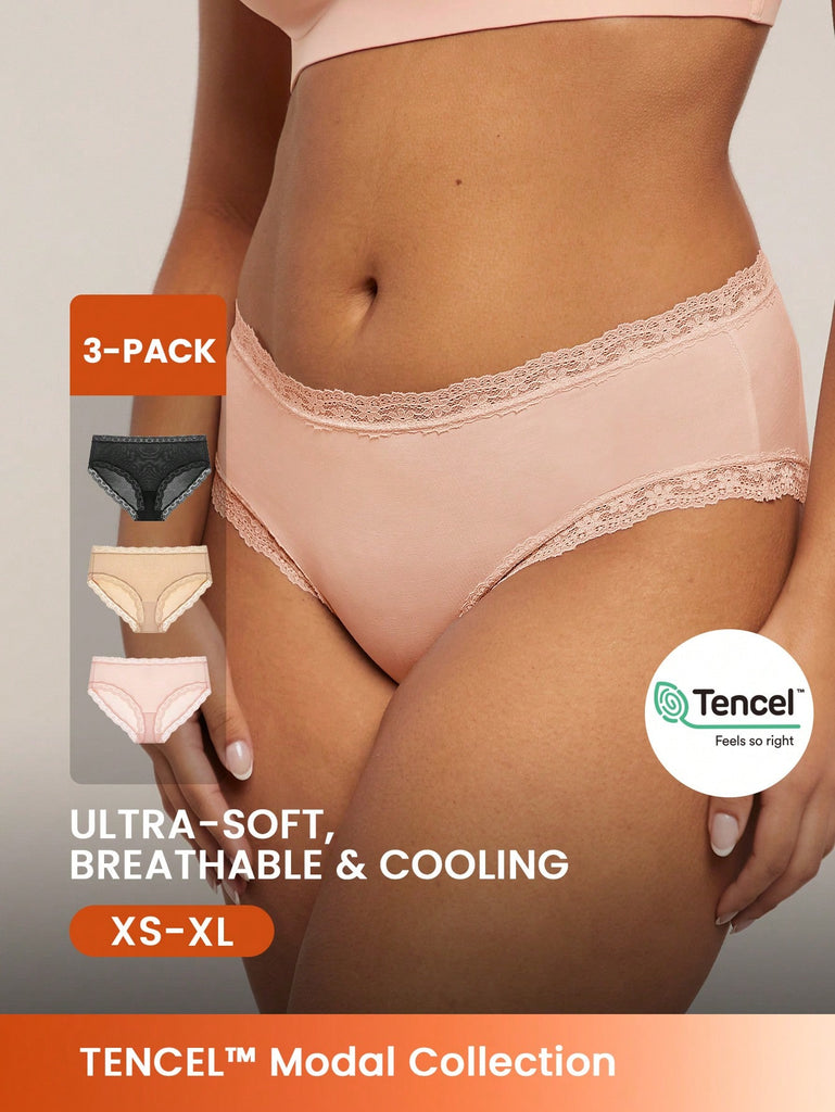 3-Pack Modal Mid Waist Brierfs Lace Trim Women's Underwear Panty Set