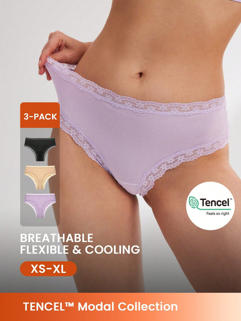 3-Pack Modal  Mid Waist Cheekiess Lace Trim Women's Underwear